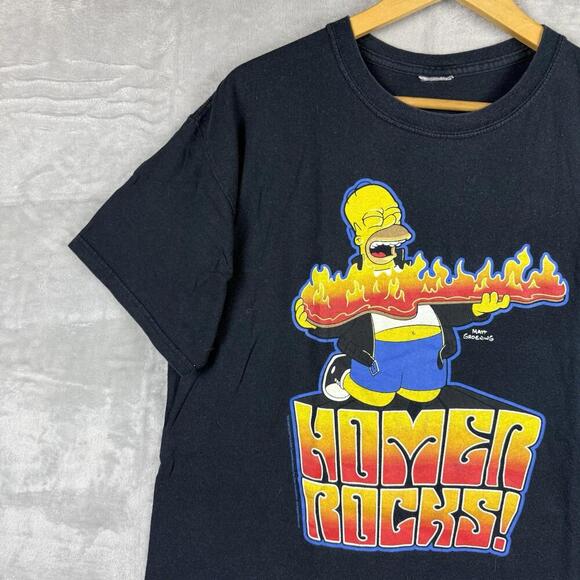 2009 The Simpsons Homer Rocks T-Shirt Black Flame Guitar Graphic Tee Size L Y2K - Picture 3 of 8
